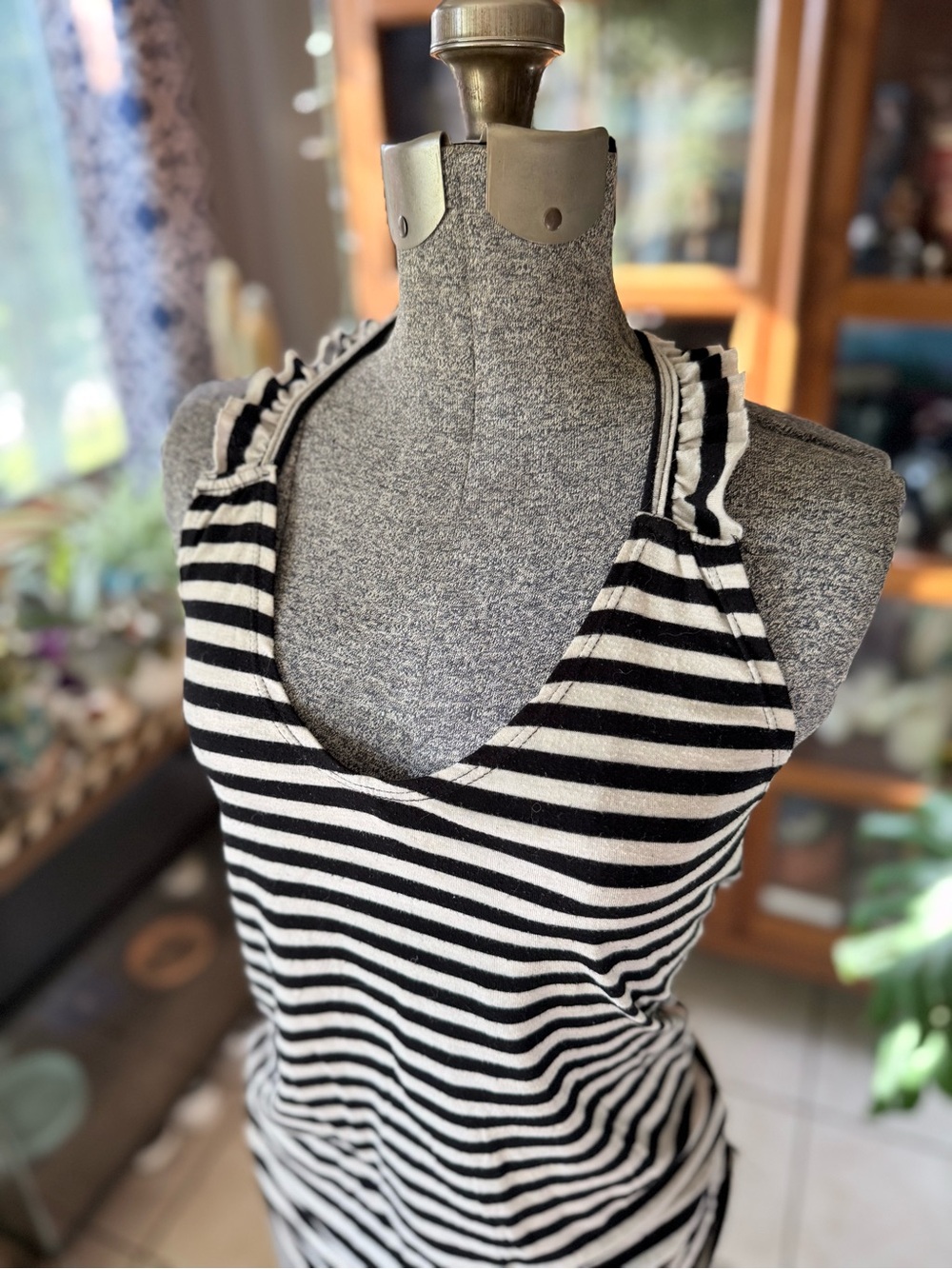 Frilly Strap Black & White Striped Tank Top by Poof Women’s S